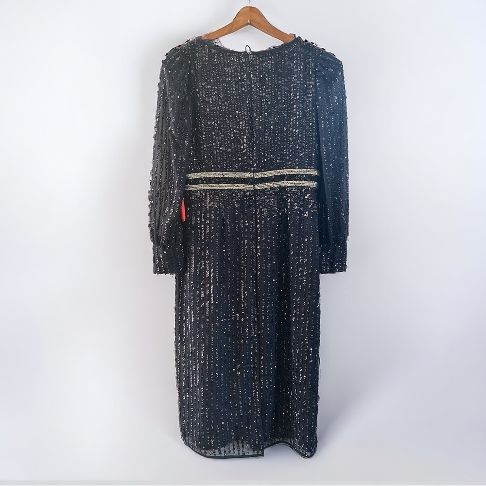 10 Mac Duggal Navy Long Sleeve Sequined Midi Dress 14 V neck Evening Formal - Picture 4 of 12